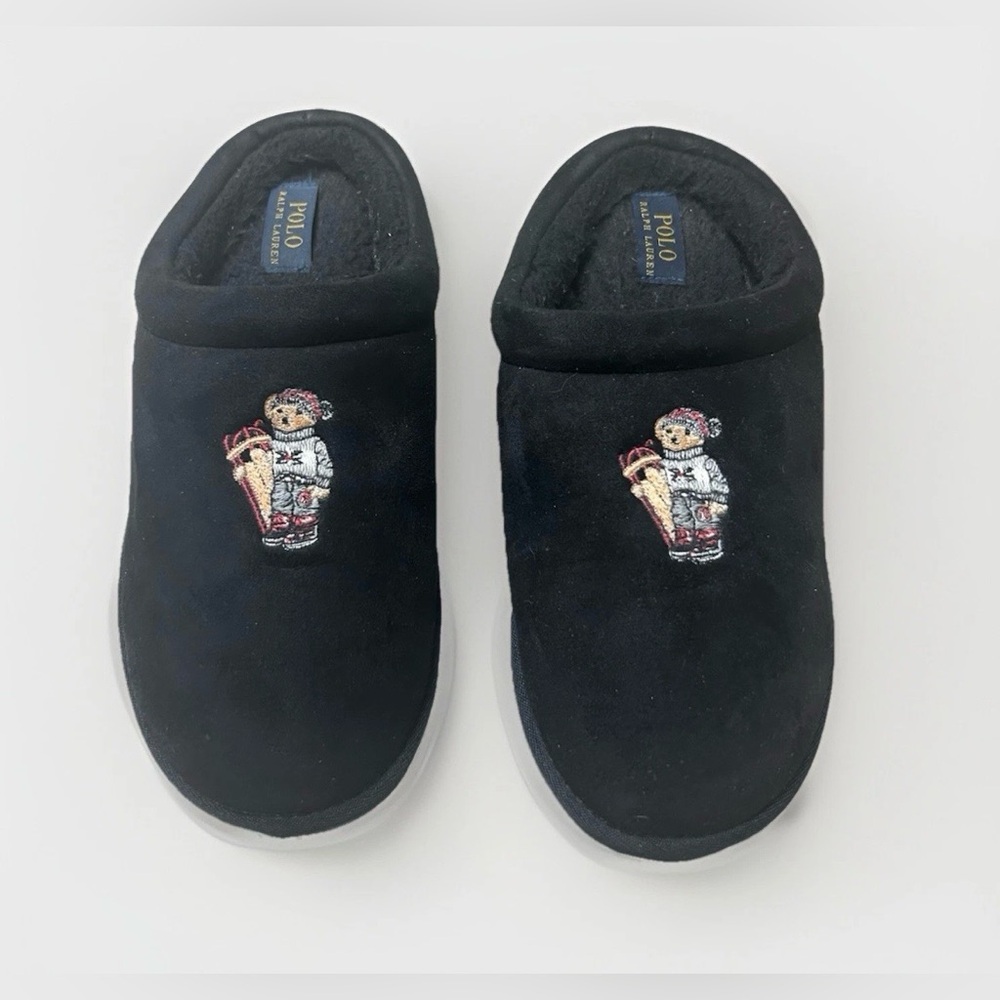 Polo Ralph Lauren Slippers Sledding Bear Black Slip On Men Sz 9 Comfort Classic